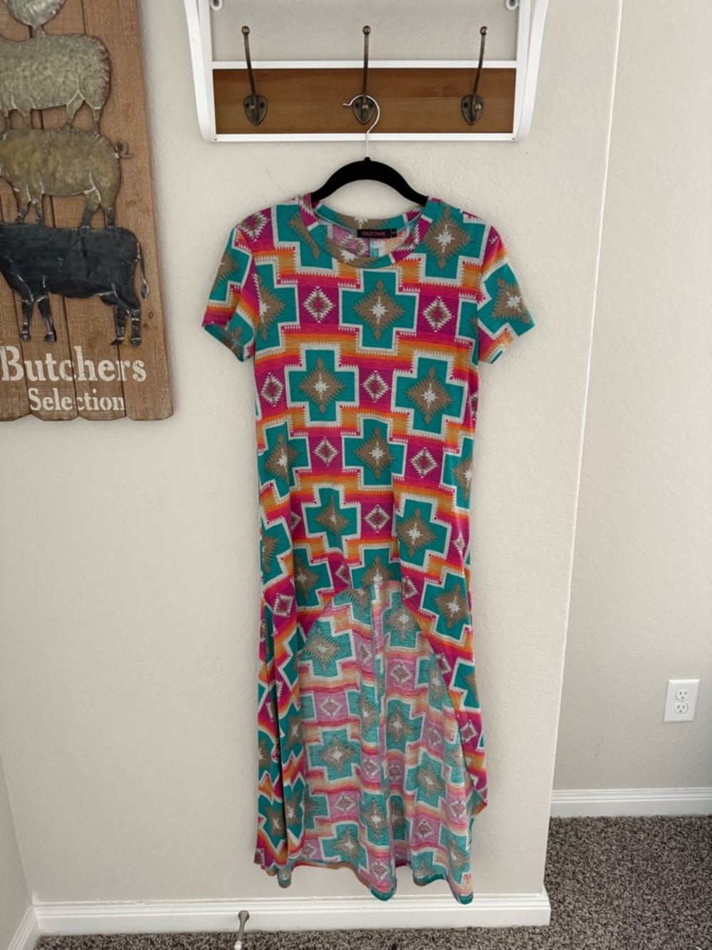 Crazy Train Teal Pink Mustard Geometric High-Low Tunic